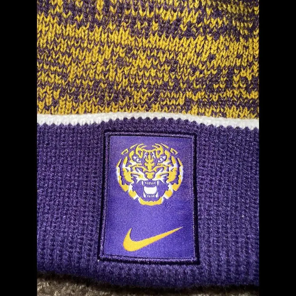 Nike LSU Tigers Purple Sideline Logo Cuffed Knit Hat with Pom Sample - Picture 2 of 11